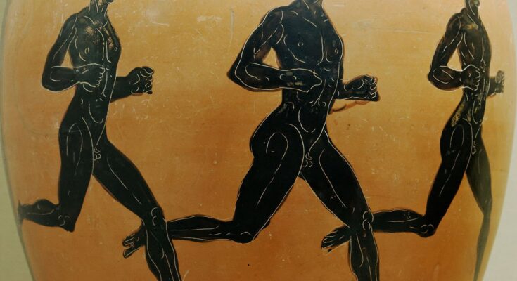 An pottery depicting three runners at the Olympic Games.