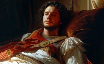 Ai Image of John Snow from Game of Thrones in the likeness of Alexander the Great on his Deathbed.