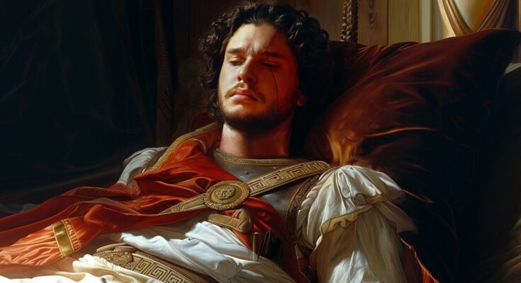 Ai Image of John Snow from Game of Thrones in the likeness of Alexander the Great on his Deathbed.