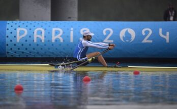 Greek rower Stefanos Ntouskos competing at the Paris Olympics.