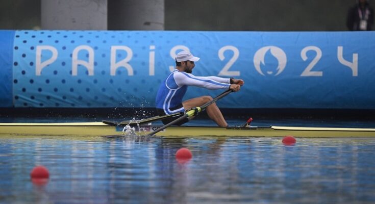 Greek rower Stefanos Ntouskos competing at the Paris Olympics.