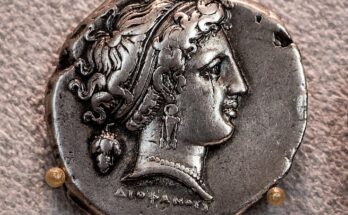 Ancient coin from Naples depicting head of Parthenope, mythical siren