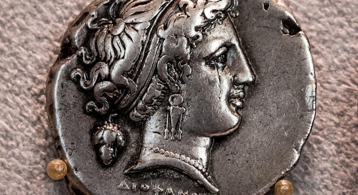 Ancient coin from Naples depicting head of Parthenope, mythical siren