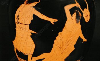 maenad woman with Tattoo in ancient Greece killing Orpheus