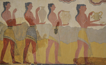 Part of the reconstructed 'Procession Fresco' from Knossos showing five men dressed in kilts while their arms and legs are decorated with jewellery. Neopalacial period, 1600 - 1450 BCE. Heraklion Archaeological Museum.