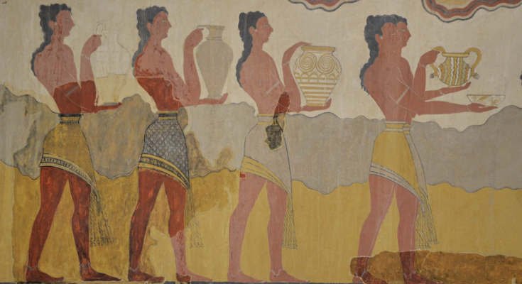 Part of the reconstructed 'Procession Fresco' from Knossos showing five men dressed in kilts while their arms and legs are decorated with jewellery. Neopalacial period, 1600 - 1450 BCE. Heraklion Archaeological Museum.