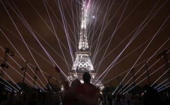 Eiffel Tower illuminated for the Paris 2024 Opening Ceremony