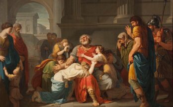 Oedipus blind entrusting his children to the gods