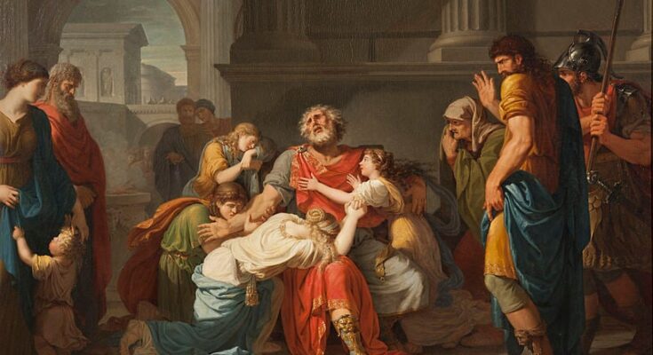 Oedipus blind entrusting his children to the gods