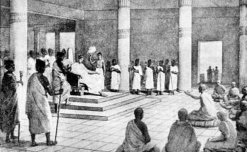 An illustration of King Milinda asking questions.