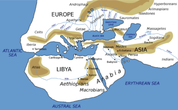 World map based on description by Herodotus mentioning Hyperborea