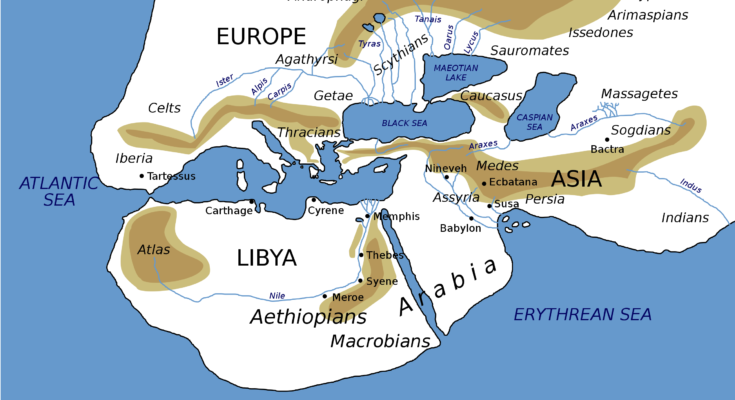 World map based on description by Herodotus mentioning Hyperborea