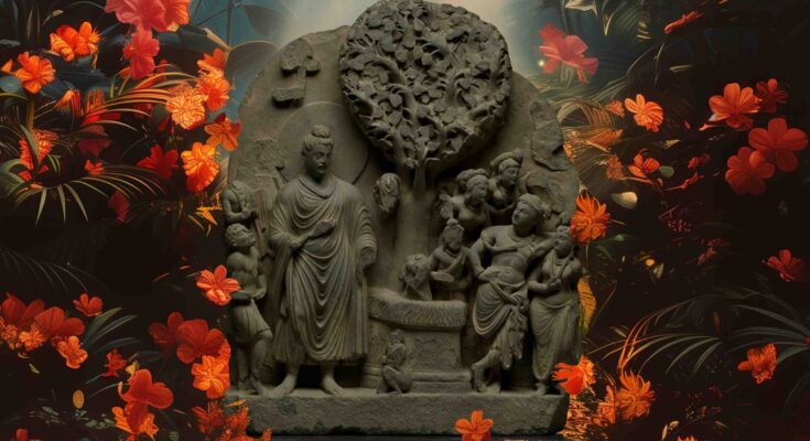 This is an image of a schist depicting Siddhartha at the Bodhi Tree in classizing style, 100s–200s AD, Pakistan, Gandhara.