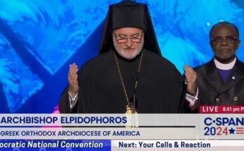 Screen capture of Archbishop Elpidophoros offering benediction at the Democratic National Convention.