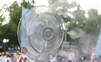 Outdoor fan spraying water