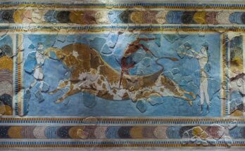 A Minoan fresco from the 15th century BC showing the gymnastic feat of leaping over a bull. Heraklion, Crete