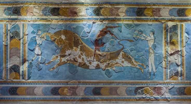 A Minoan fresco from the 15th century BC showing the gymnastic feat of leaping over a bull. Heraklion, Crete