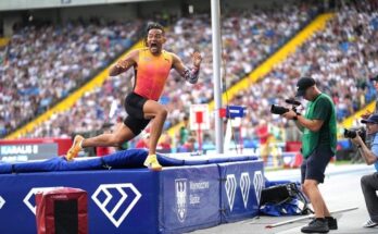 Emmanouil Karalis celebrates his 6m jump at the Wanda Diamond League in Silesia, Poland.