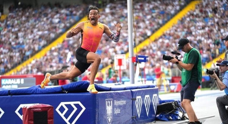 Emmanouil Karalis celebrates his 6m jump at the Wanda Diamond League in Silesia, Poland.