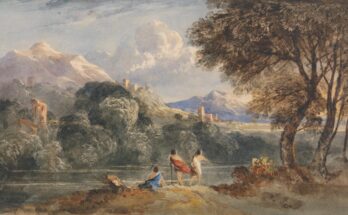 Francis Oliver Finch (1802-1862), Classical Landscape with Figures, watercolor painting.