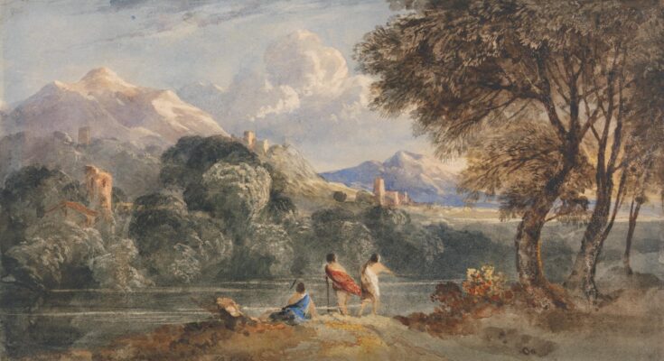 Francis Oliver Finch (1802-1862), Classical Landscape with Figures, watercolor painting.