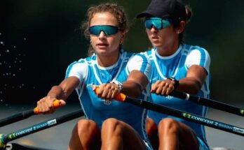 Greek rowers Kontou and Anastasiadou racing.