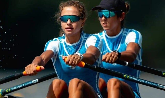 Greek rowers Kontou and Anastasiadou racing.