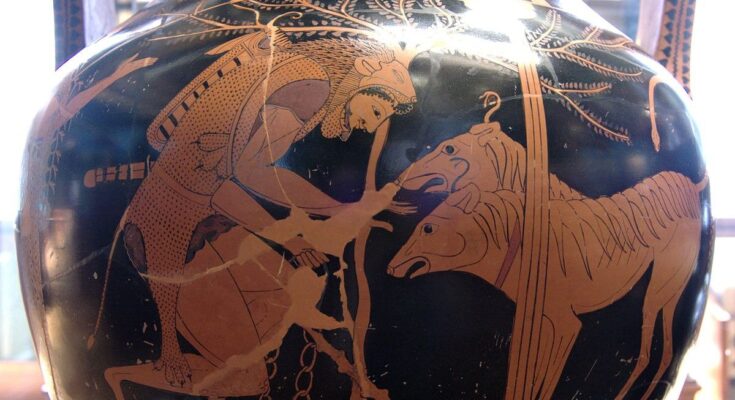 Cerberus and Heracles, legendary founder of the Olympic Games