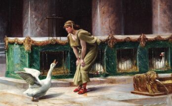 painting of white goose and woman