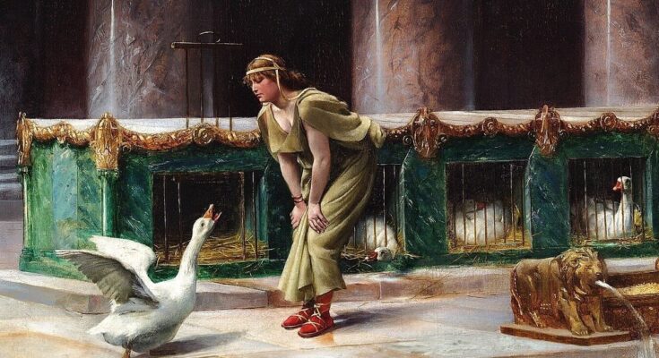 painting of white goose and woman