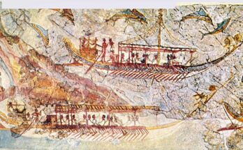 Bronze Age depiction of a procession of Minoan ships from Akrotiri, Thera