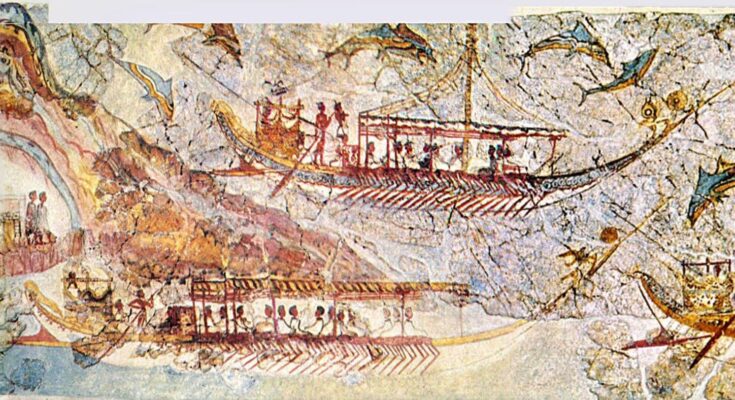 Bronze Age depiction of a procession of Minoan ships from Akrotiri, Thera