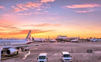 The sun setting on SeaTac Airport