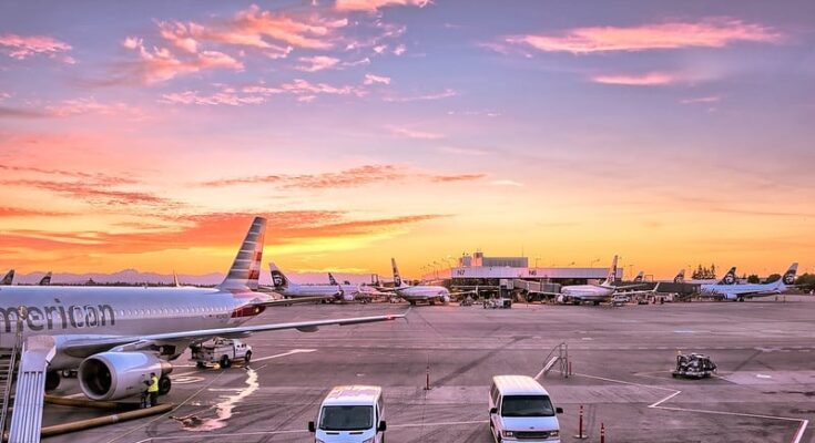 The sun setting on SeaTac Airport