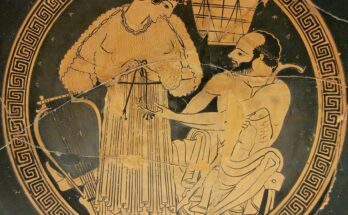 A vase painting of two figures