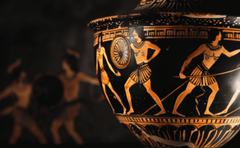 AI depiction. Ancient Greek vase depicting athletes participating in the Pythian Games, the art Olympics