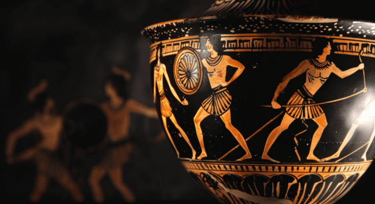 AI depiction. Ancient Greek vase depicting athletes participating in the Pythian Games, the art Olympics