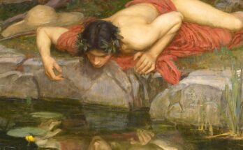 Painting of Narcissus looking at his reflection