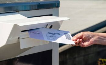 Dropping a mail-in ballot into a mail box. Everett, Washington