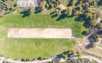 Top down aerial of the Stadium in Olympia, Greece