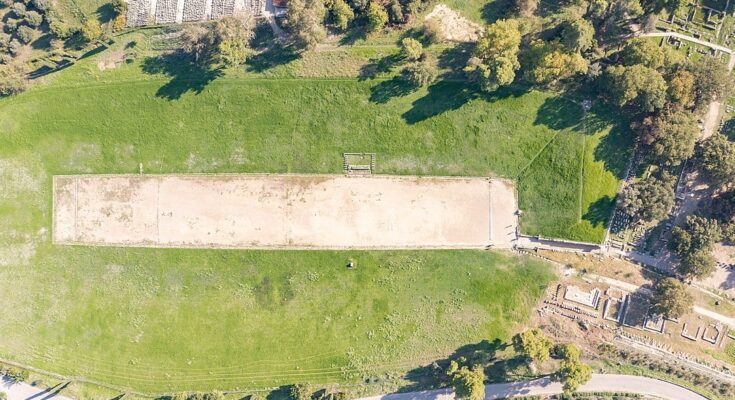 Top down aerial of the Stadium in Olympia, Greece