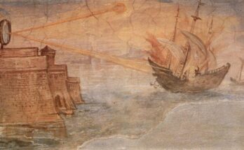 Artistic interpretation of ancient Greek mathematician Archimedes' mirror used to burn Roman ships. Painting by Giulio Parigi, c. 1599.