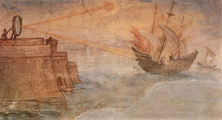 Artistic interpretation of ancient Greek mathematician Archimedes' mirror used to burn Roman ships. Painting by Giulio Parigi, c. 1599.