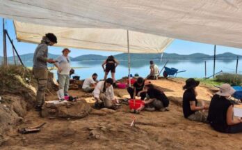 Archaeologists carefully excavating the Neolithic site at Lake Plastira's Botanical Garden.