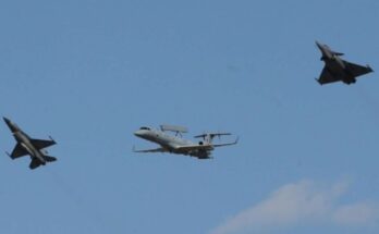 An F-16 Viper and a Rafale fighter jet performing an aerial maneuver during Athens Flying Week 2024 at Tanagra Air Base.