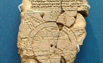 Ancient Babylonian map of the world depicting a schematic view of the known world in cuneiform script.