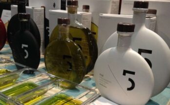 A selection of Greek olive oil bottles displayed on a wooden surface, showcasing various brands and sizes.