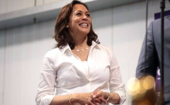 Kamala Harris speaking at a fundraiser in Iowa