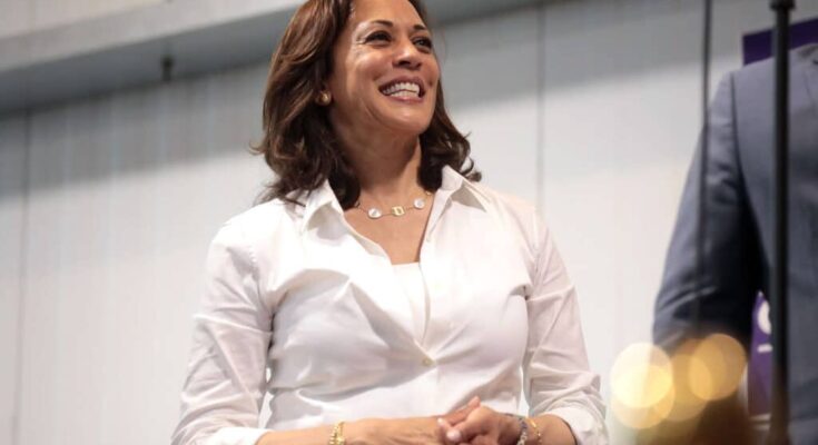 Kamala Harris speaking at a fundraiser in Iowa