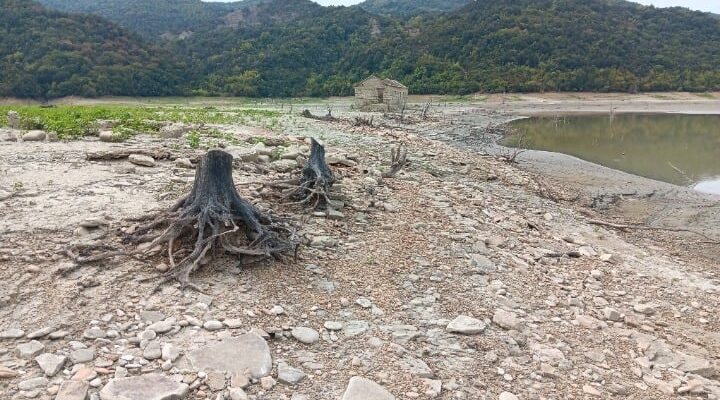 Ruins of submerged village Fagos in Kato Kalentini.